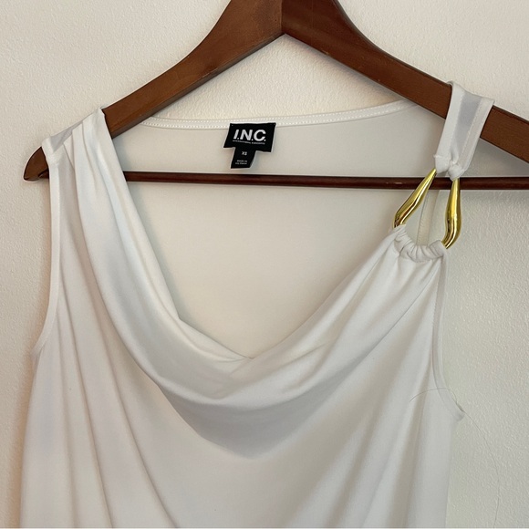INC White Drape Neck Tank Top Size XS Cowl Neck One Shoulder Minimal Chic Fitted - Picture 2 of 9